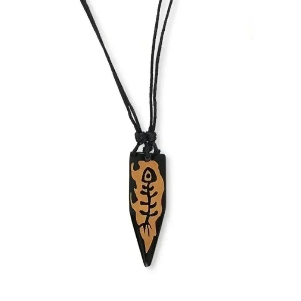 Handcrafted Carved Buffalo Bone Brown Tribal Fish Pendant Necklace